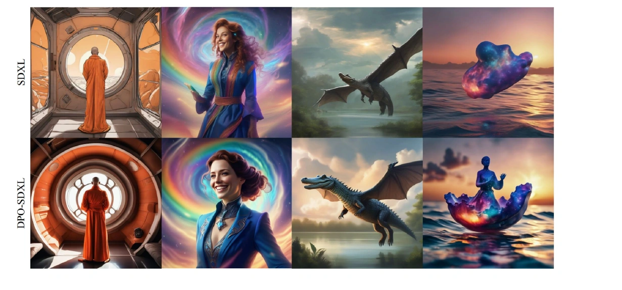 Top row: SDXL. Bottom row: DPO-SDXL. A monk by a round window, a portrait of a woman, a dragon, and a figure on a glowing shape above water