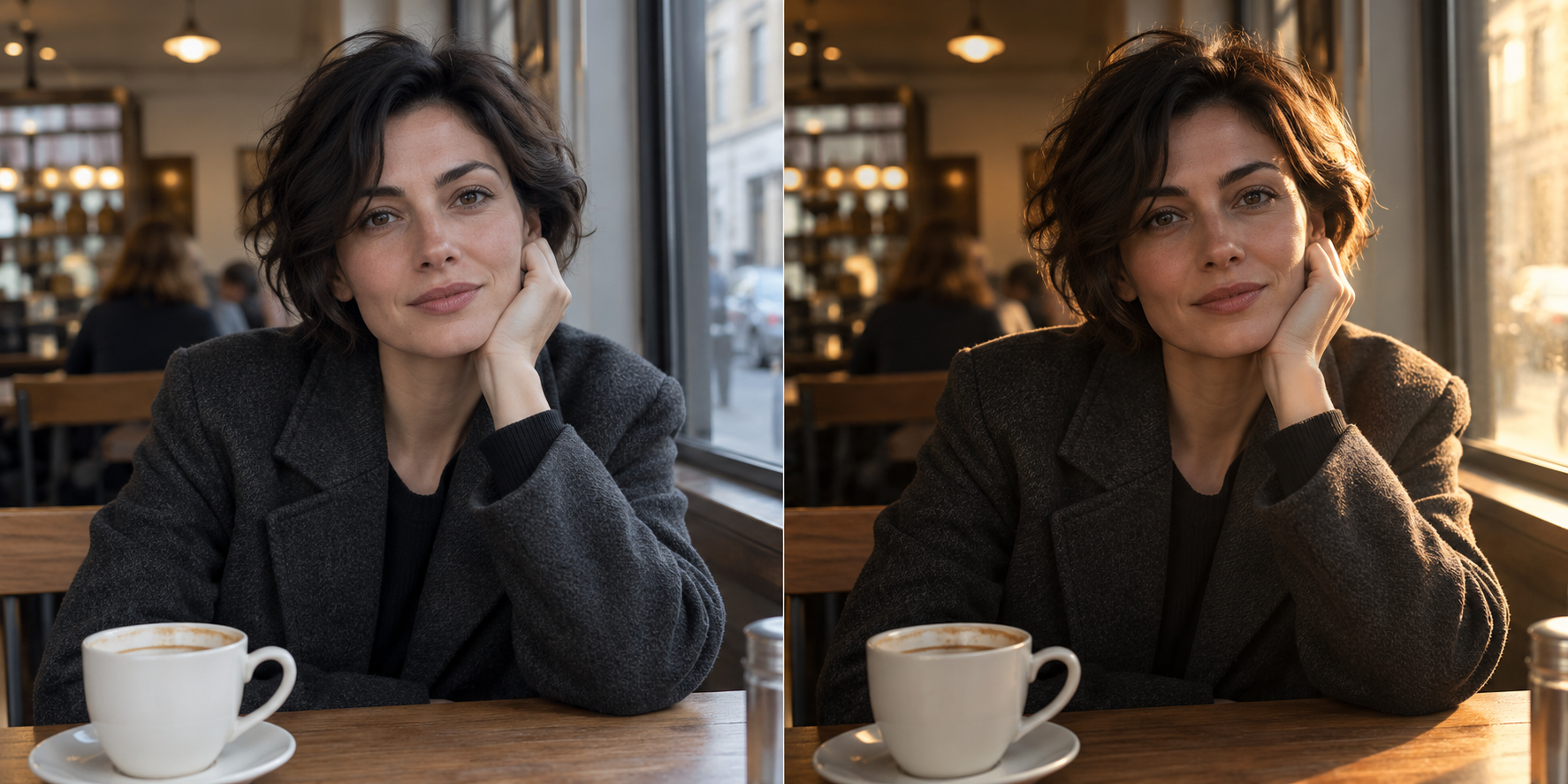 The same café scene: ordinary flat lighting on the left, cinematic side lighting and expressive shadows on the right