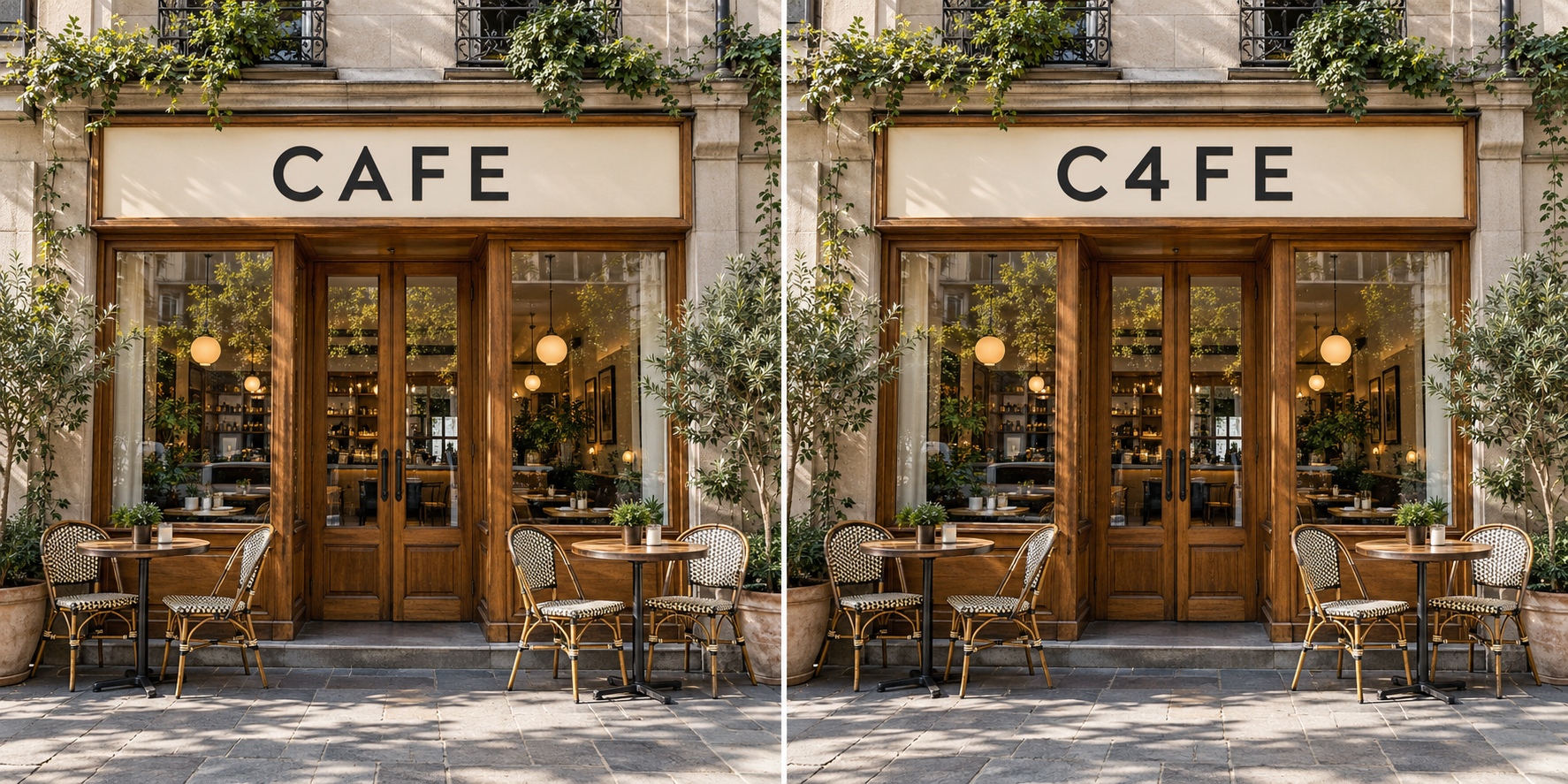 Two café storefronts: the left sign reads CAFE, the right sign reads C4FE