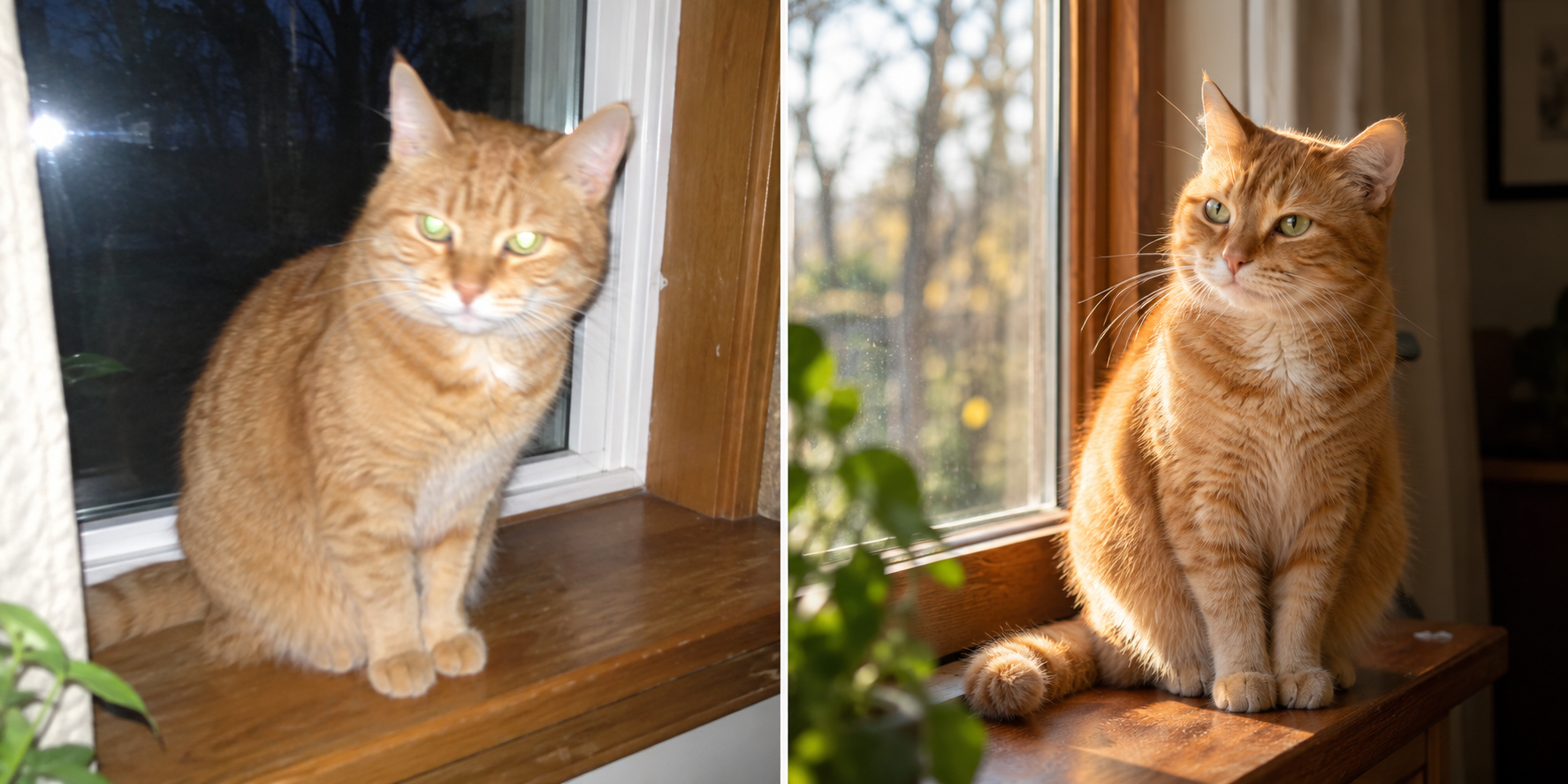 Two ginger cats on a windowsill: an awkward flash photo on the left, a well-lit photo in natural light on the right
